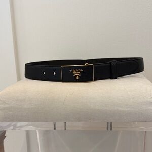 Prada Black Leather Belt with Gold Logo Plaque